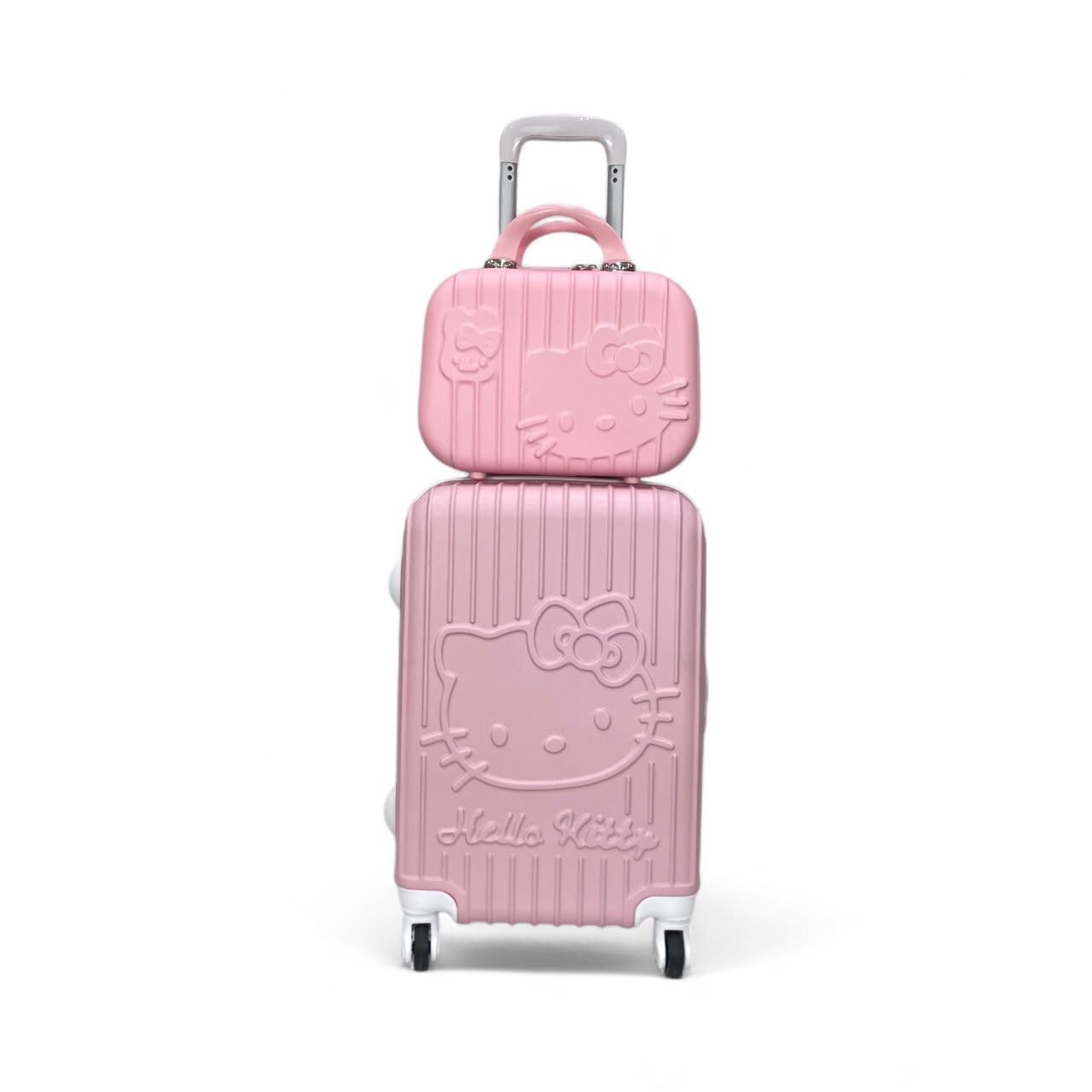 Pink Hello Kitty embossed mini suitcase set with matching top-handle case
